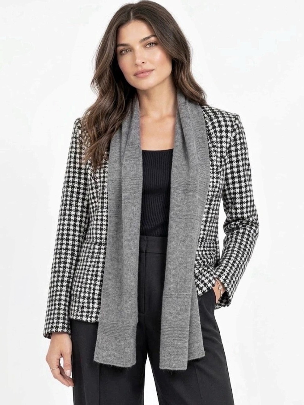 Cabi Dream Girls Houndstooth Scarf Blazer in Black & White Size Medium NWT